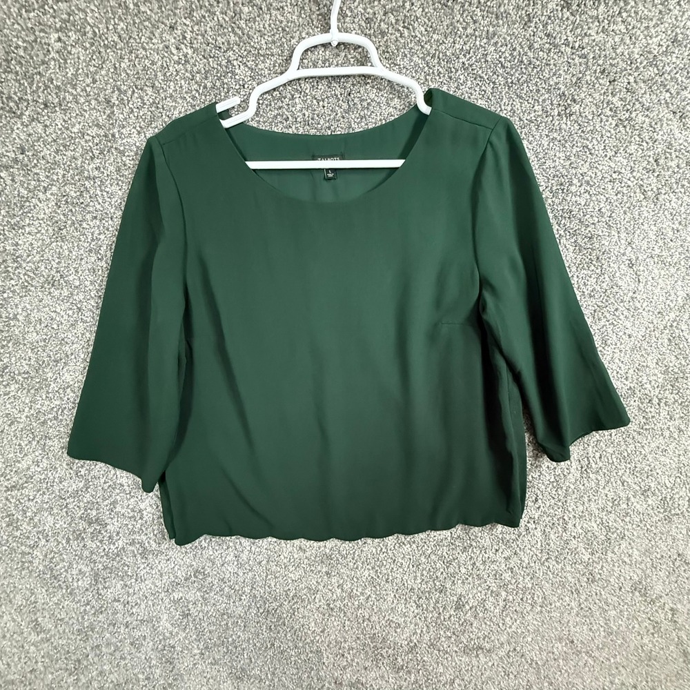 Talbots Womens Green Scalloped Hem Open Back Blouse 3/4 Sleeve Career Size L
